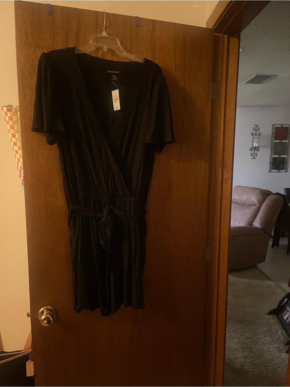 Ashley Stewart Black Short Sleeve Wrap Romper with Tie Waist